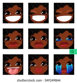 vector Set avatars icons smiley ClipArt DARK SKIN Girl faces wavy curly dirty BLACK HAIR, bang, BROWN EYES Emotions Expressions Web Blog Graphics Profile Picture Pack