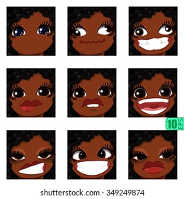 vector Set avatars icons smiley ClipArt DARK SKIN Girl faces wavy curly dirty BLACK HAIR, bang, BROWN EYES Emotions Expressions Web Blog Graphics Profile Picture Pack