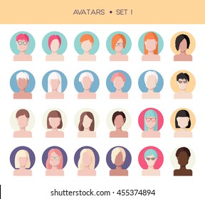 Vector set of avatars, woman faces flat style, abstract face icons with different hairstyles