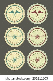 Conjunto de vectores de iconos, alas y biplanos del aviador 