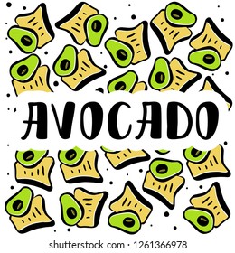 Vector set avocado label, package. Hand drawn illustration of fresh green avocado and  lettering. Concept for organic vegetarian food. Vector illustration EPS 10
