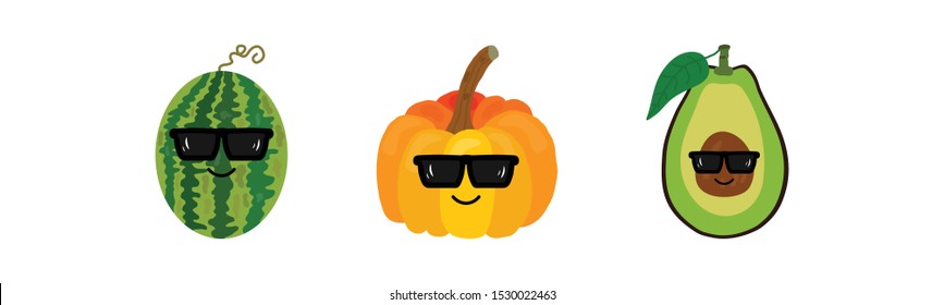 Vector set: avocado, pumpkin, watermelon with sunglasses. Vector illustration in flat, cartoon style. Fruit, veggies are isolated on white background. Can be used for your design, web, print. EPS10