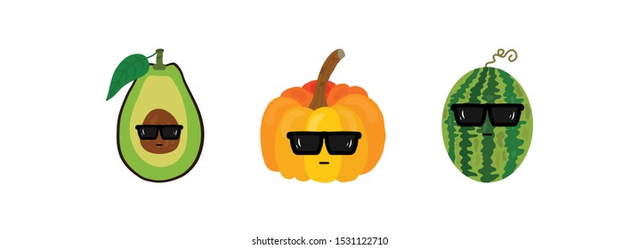 Vector set: avocado, pumpkin, watermelon with sunglasses. Vector illustration in flat, cartoon style. Fruit, veggies are isolated on white background. Can be used for your design, web, print. EPS10