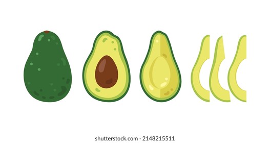 Conjunto de vectores de aguacates. Ilustración de un todo fresco, mitades, aguacate rebanado, aislado en un fondo blanco. Frutos orgánicos para un estilo de vida saludable. Estilo de caricatura.