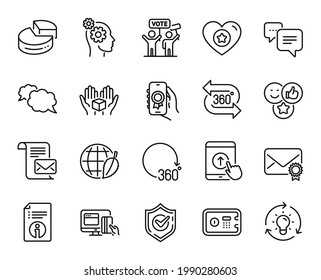 Vector set of Award app, Voting campaign and Dots message line icons set. Technical info, Environment day and Verified mail icons. Pie chart, Online payment and Thoughts signs. Vector
