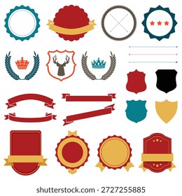 Vector conjunto de insignias de premios, escudos, cintas, coronas y Plantillas de emblemas diseñados para certificados, marcas y gráficos promocionales. Incluye Formas de insignias clásicas, escudos heráldicos, coronas de laurel y cintas en blanco en colores variados para crear premios, etiquetas, logotipos y sellos de productos. Ideal para impresión y diseño digital, certificados, listados de comercio electrónico, materiales de marketing y embalaje.