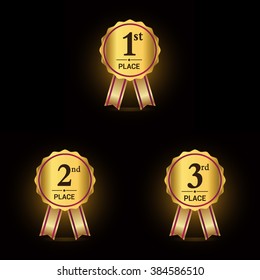 Vector set of Award label golden trophy with shiny badge and red ribbon. First, second and third places.