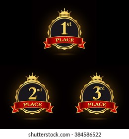 Vector set of Award label golden trophy with crown and red ribbon. First, second and third places.