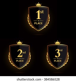 Vector set of Award label golden trophy with crown and red ribbon. First, second and third places.