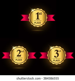 Vector set of Award label golden trophy with shiny emblem and red ribbon. First, second and third places.