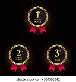 Vector set of Award label golden emblem with red ribbon. First, second and third places.