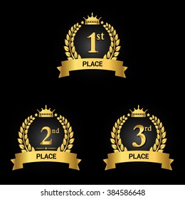 Vector set of Award label golden trophy with crown and red ribbon. First, second and third places.