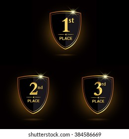 Vector set of Award label golden trophy with emblem and red ribbon. First, second and third places.