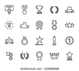 Conjunto de vectores de iconos de línea de premio. Contiene íconos de medalla, primer lugar, diploma, trofeo, estatuilla, corona, laurel y más. Pixel perfecto.