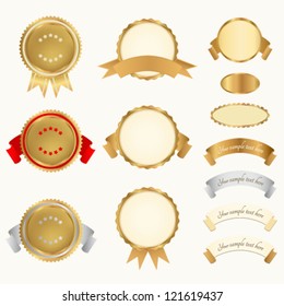 Vector set: Awards, Insignia, Badge. For certificate, diploma. Golden medals with red ribbons (sign of winner). Prize of First / Second/ Third place. Premium quality, Best price / choice, guarantee