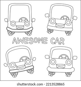 Vector set of awesome happy cars. Childish design for kids activity colouring book or page.