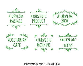 Conjunto vectorial de iconos ayurvédicos: Tienda Ayurveda, Hierbas, Producto, Masaje, Medicina, Cafetería Vegetariana, Marcos Dibujados A Mano.