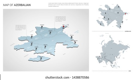 Vector set of Azerbaijan country.  Isometric 3d map, Azerbaijan map, Asia map - with region, state names and city names svg