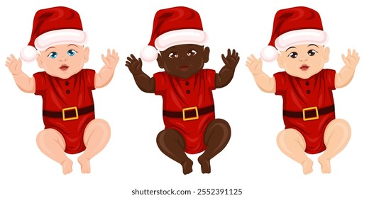 Vector set of babies of different nationalities in santa costume. Collection of kids in holiday costumes in cartoon style. Happy multinational children