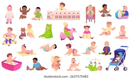 Vector set of babies with different skin tones in various poses and activities. Boys and girls characters playing, crawling, sleeping and more. Care and development. Flat style. Isolated background.
