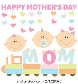 Vector set of babies with toy train. Postcard to Mother's Day.