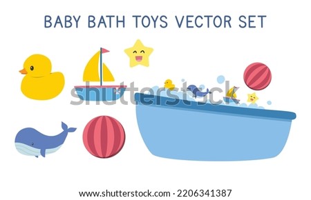 Vector set of baby bathtub and bath toys clipart. Simple cute blue baby bathtub with foam bubbles, yellow rubber duck for baby, little kids, children toy boat flat vector illustration cartoon style