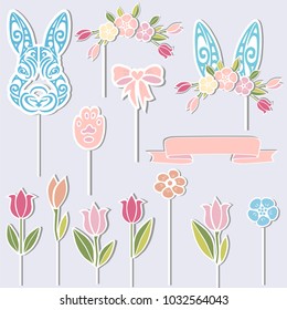 Vector set for Baby birthay. Bunny, floral wreath, bunny ears, flowers as cake toppers or stickers isolated on background. Design elements for Sweet Bunny Party.