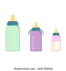Vector set baby bottles with nipples for feeding newborns, isolated