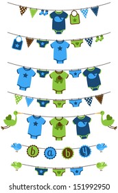 Vector Set of Baby Boy Themed Clotheslines with Storks and Birds