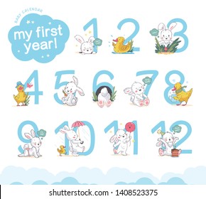 Vector set of baby calendar numerals/numbers with cute little bunny & duck walk, smile, sit isolated on white background. Hand drawn style.  