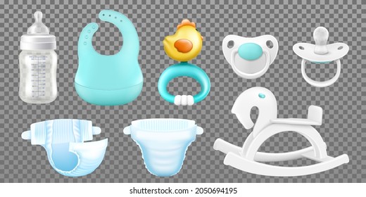 Vector Set Of Baby Care Accessories, Isolated
On Transparent Background.  Baby Bottle With Silicone Nipple For Feeding Newborns, Pacifiers, Child's Wooden Rocking Horse, Baby Bib, Rattle, Diapers, 3D