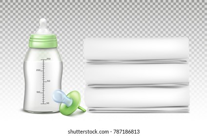 Vector set of baby care accessories, stack of white cotton towels, pacifier, bottle with silicone nipple for feeding newborns. 3d realistic objects isolated on transparent background Vector set of baby care accessories, stack of white cotton towels, pacifier, bottle with silicone nipple for feeding newborns. 3d realistic objects isolated on transparent background