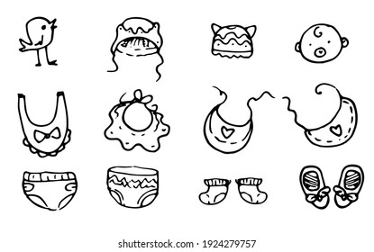 Vektorgrafik-Babybekleidung für Säuglinge, die im Stil eines schwarzen, doodlen Umrisses auf weißem Hintergrund gezeichnet wurde. isolierte Teile für Windeln, Bierbäume, Socken und Beanies für Kinder mit einem Vogel und einem Babykopf
