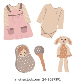 Vector Set of baby clothes and toys Sundress Dress Doll Nevalyashka Marakase Flat style