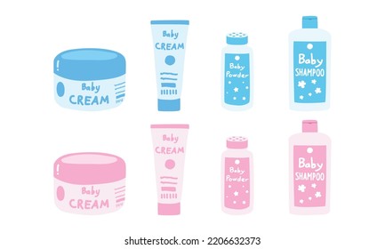 Conjunto vectorial de botellas cosméticas para bebés clípart. Frasco simple lindo azul y rosa de champú de bebé, crema, loción, paquete de polvo de talco ilustración vectorial plana. Botellas plásticas de productos cosméticos para bebés