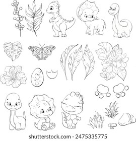 Vector set baby dinosaur with tropical leaves and flowers. Dino egg. Clipart for baby shower, nursery, stickers, prints with historical animals. Isolated