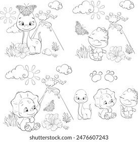 Vector set - baby dinosaurs, coloring. Clipart for baby shower, nursery, decor, stickers, prints with historical animals. Jurassic period. Black silhouette for circuit