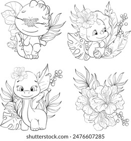 Vector set - baby dinosaurs with palm leaves, Clipart for baby shower, nursery, decor, stickers, prints with historical animals. Jurassic period. Black silhouette for circuit