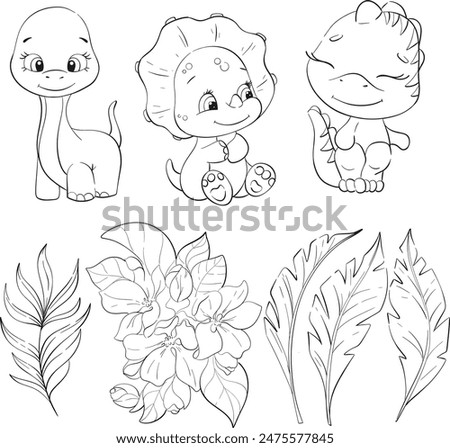 Vector set - baby dinosaurs and tropical palm leaves. Clipart for baby shower, nursery, decor, stickers, prints with historical animals. Black silhouette for circuit