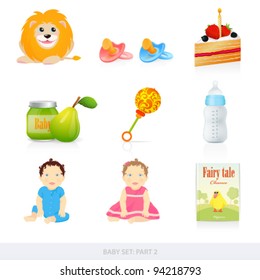 Vector set: Baby icons. Isolated on white background baby stuff (toys, food, book, doll, and birthday cake)