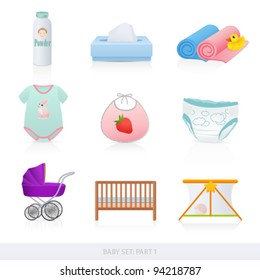 Vector set: Baby icons (newborn). Isolated on white background baby stuff (bath things, diaper, clothes, carriage)