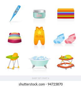 Vector set: Baby icons (newborn). Isolated on white background baby stuff (bath, clothes etc.)