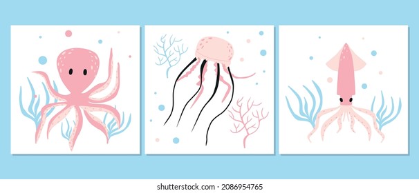 Vector set of baby posters with sea animals. Hand drawn squid, octopus and jellyfish poster set for nursery.