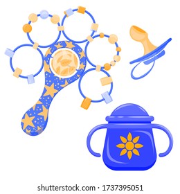 Vector set for the baby. Rattle, bottle and pacifier. Stellar pattern. A rattle with a pattern. Illustration in blue tones.