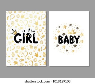 Vector set of baby shower cards. It's a girl card. Hello baby card. Gold design. Baby shower posters. Vector invitation with cute gold pattern. Baby arrival and shower collection.