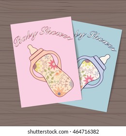 Vector set of baby showers with bottles dresses on wooden background