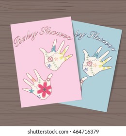 Vector set of baby showers with hands on wooden background