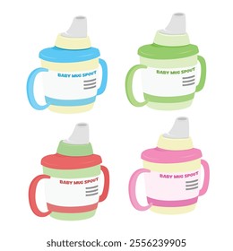 Vector set of baby sippy cup or bottle to drink milk, juice or water. Baby mug spout bottle vector set. Baby elements collection. Flat vector in cartoon style isolated on white background.