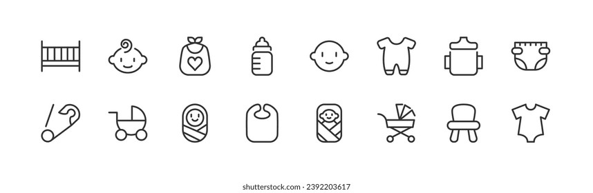 Vector set of baby thin line icons. Design of stroke pictograms. Signs of calendar isolated on a white background