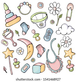Vector set  with baby things on white background. For your design, greeting cards,paper,gift wraps,bedding,announcements, posters,textiles and other interesting things.EPS10